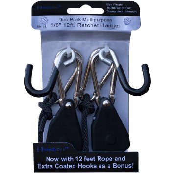 HandyOne® Bonus Edition - Pair of High Quality Adjustable Grow Light Ratchet Hangers with Strong Metal Internals. A Pulley for Multipurpose Use! - BONUS: EXTRA COATED HOOKS AND 12 FEET ROPE INCLUDED!