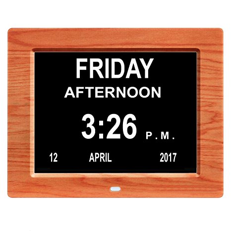 Day Clocks, 12 Alarms & 6 Reminder Tags, HOSYO 8" Memory Loss Digital Calendar Alarm Day Clock for Seniors - Extra Large Non-Abbreviated Day & Month(Wood Grain)