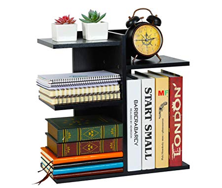 PAG Wood Desktop Bookshelf Assembled Countertop Bookcase Literature Holder Accessories Display Rack Office Supplies Desk Organizer, Black