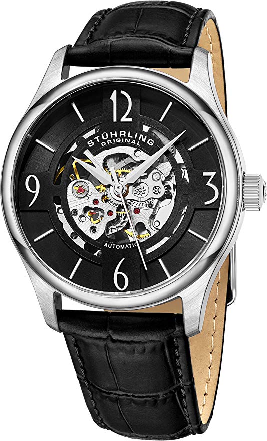 Stuhrling Original Mens"Specialty Atrium" Skeleton Automatic Self Winding Dress Watch with Premium Leather Band