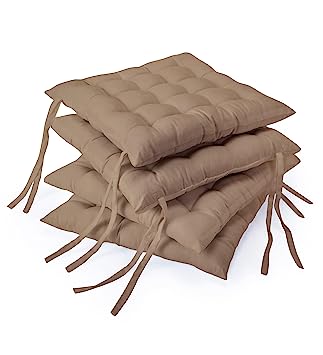 Encasa Homes 4 pcs Chair Cushions 40x40 cm - Beige - Dyed Canvas Square Seat Cushions with Micro-Fiber Filling & Ties for Sitting, Pooja, Dining & Office Table