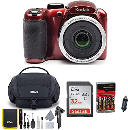 KODAK PIXPRO AZ252 Astro Zoom Digital Camera (Red) Bundle with 32GB Card, Case, Accessory kit, and Rechargeable Batteries