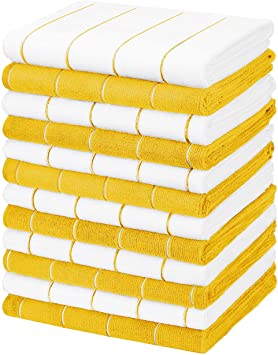 Gryeer 12 Pack Microfiber Kitchen Towels, Super Absorbent, Soft, and Lint Free Dish Towels, 18 x 26 Inch, Stripe Designed Yellow and White