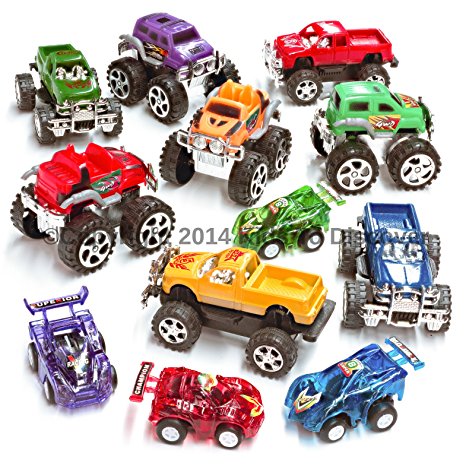 12 Pull Back Stocking Stuffers Deluxe Combo , (Includes 4 Monster Pullback Trucks 4 Pull Back Racing Cars and 4 Pull Back Monster Pick up Trucks)