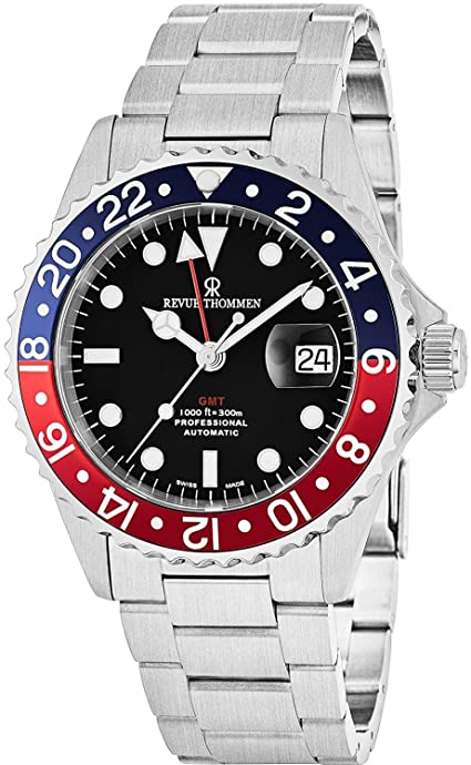 Revue Thommen GMT Professional Men's Stainless Steel Automatic Watch - Swiss Made 42mm Analog Black Face 2nd Time Zone GMT Watch for Men 17572.2135