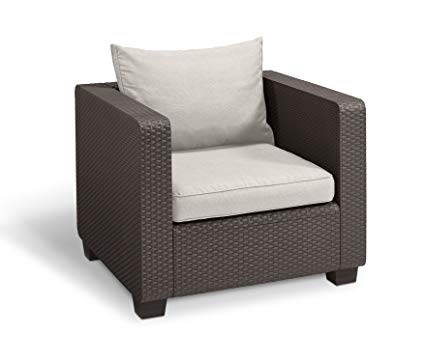 Keter Salta All Weather Outdoor Patio Armchair with Sunbrella Cushions in a Resin Plastic Wicker Pattern, Rich Brown