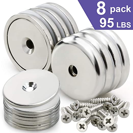 Neodymium Cup Magnets with 95 LBS Pull Capacity Each - Dia 1.26" - w/Matching Strikers and Screws - Strongest Round Base Magnets