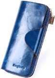 Borgasets Womens Genuine Leather Large Wallet Trifold Zipper Smartphone Purse