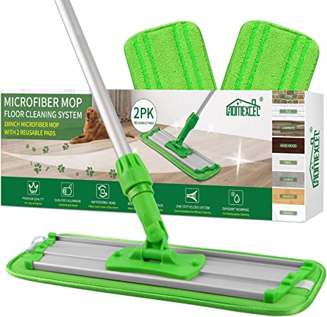 HOMEXCEL Microfiber Mop Floor Cleaning System for Hardwood, Laminate, Vinyl & Tile, 18-inch Flat Mop Sweeper with 2 Dry and Wet Reusable Dust Cleaning Pads, Household Cleaning Tools for Home, Kitchen