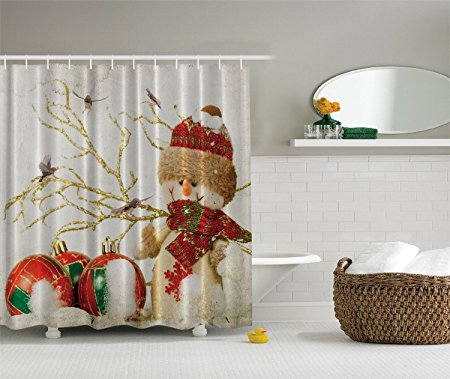 Ambesonne Winter Holiday Snowman Polyster 69-Inch-by-70-Inch Shower Curtain, Red / White / Green / Gold / Khaki