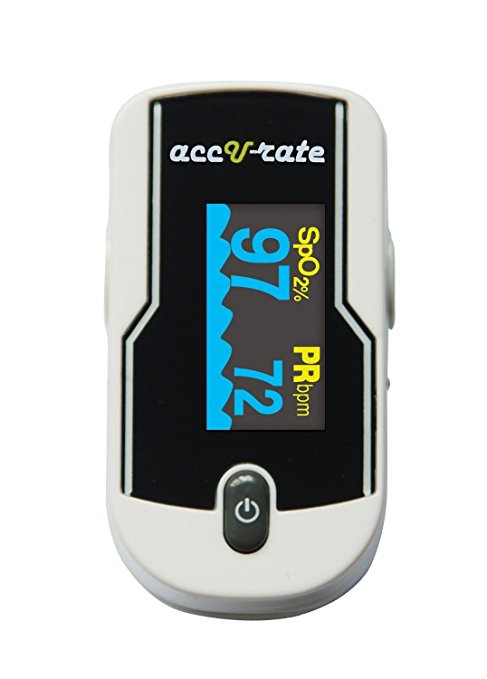 Acc U Rate Premium Fingertip Pulse Oximeter Blood Oxygen Saturation Monitor with black silicon cover, lanyard, pouch and batteries
