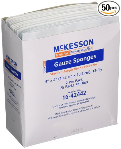 McKesson Performance Plus Gauze Sponge Cover Dressing Sterile 4"X4" Latex Free - 2 pack with 25 count in each (Total of 50)