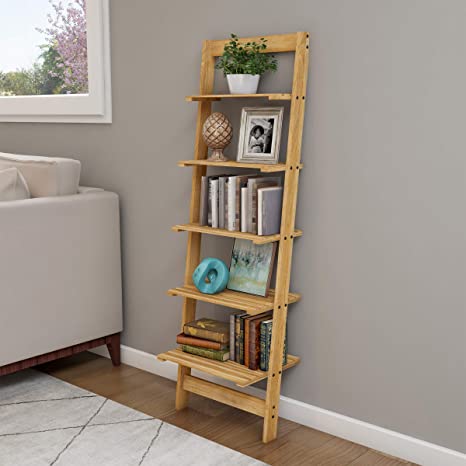 Lavish Home A022360 5-Tier Ladder Bookshelf- Leaning Decorative Shelves, Pickled Oak