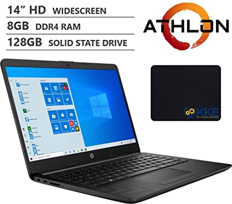 HP 14" HD SVA Anti-Glare Micro-Edge Screen Laptop, AMD Athlon Silver 3050U Processor up to 3.20GHz, 8GB RAM, 128GB SATA M.2 SSD, Wireless-AC, Bluetooth, Windows 10, Jet Black, KKE Mousepad Bundle