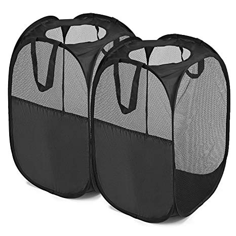 Magicfly Pop-Up Hamper, Foldable Mesh Hamper with Reinforced Carry Handles, Laundry Hamper Basket Black, Pack of 2