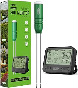 Dr.meter 4-in-1 Soil Moisture Meter, 300ft Wireless Soil Tester Sensor, Temperature/Light/Time/Soil Hygrometer Monitor with Digital LCD Display for Indoor Outdoor Plants, Garden, Lawn, Gardening Gifts