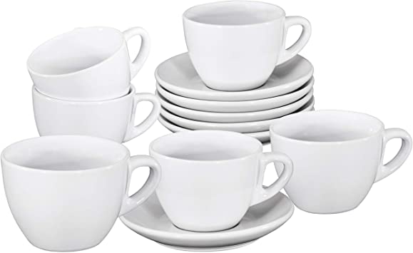 Espresso Cups with Saucers by Bruntmor - 6 ounce - Set of 6 (White, 6oz)