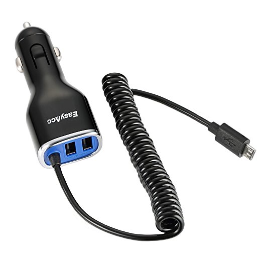 EasyAcc 34W Car Charger 6.8A 2 USB Ports Plus Coiled Micro USB Cable, Smart Charge Technology for Galaxy S7 S6 Edge / Plus,Tab 3, iPhone, iPad and More