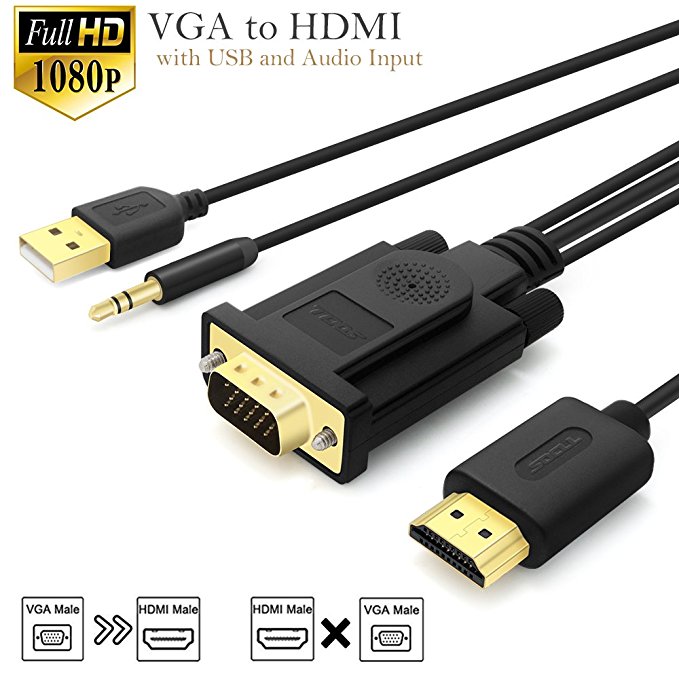 VGA to HDMI Cable, SOCLL HD 1080p VGA to HDMI Adapter Cord with 3.5mm Audio Input and USB Cable for Power Supply, for Old PC Desktop Laptop to TV/Projector Monitor，Male to Male，6Ft/1.8m