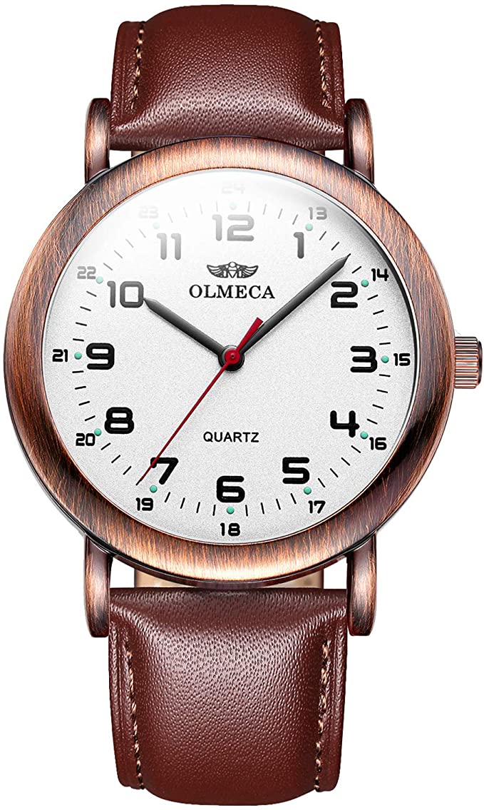 OLMECA Men’s Watch Fashion Sports Dress Simple Wrist Watches Analog Quartz Waterproof Stainless Steel Case Brown Genuine Leather Band Simple Watch for Men 709pd