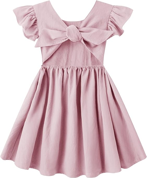 Dutebare Toddler Girls Dress Cotton Linen Ruffle Backless Sleeveless Kids Casual Party Dresses
