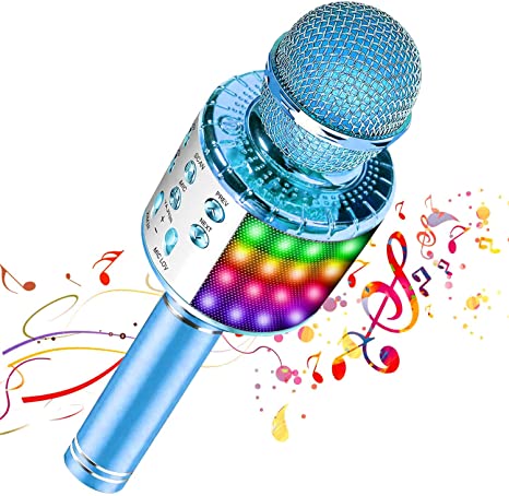 Bluetooth Wireless Karaoke Microphone with Multicolored LED Lights, Portable 4 in 1 Karaoke Machine Microphone for Adult Kids, for Android/iPhone/PC (Blue)