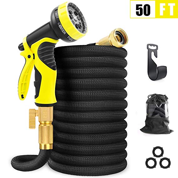 SHAODENG 50ft Garden Hose, Expandable Water Hose,Double-Layer Rubber Hose 3/4" Solid Brass Fittings Extra Strength Fabric 9 Function Spray Hose Nozzle Free Storage Sack and Water Hose Hanger