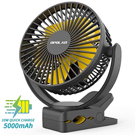 OPOALR 2019 New 5000mAh Rechargeable Battery Operated Clip On Fan, Upgrade Quieter & Stronger Wind, 10W Fast Charge, Strong Clamp Personal Portable Fan for Golf Cart, Office Desk, Stroller, Treadmill