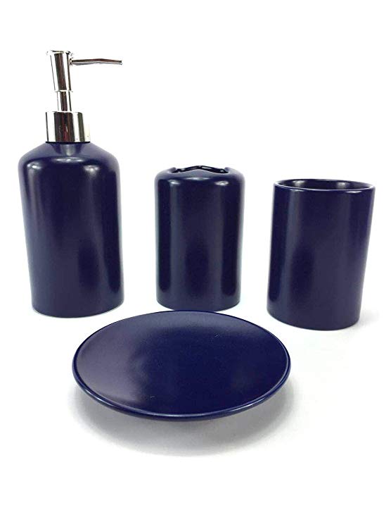 WPM 4 Piece Ceramic Bath Accessory Set | Includes Bathroom Designer Soap or Lotion Dispenser w/Toothbrush Holder, Tumbler, Soap Dish Choose from Purple, Black, Brown, Navy or Burgundy (Navy)