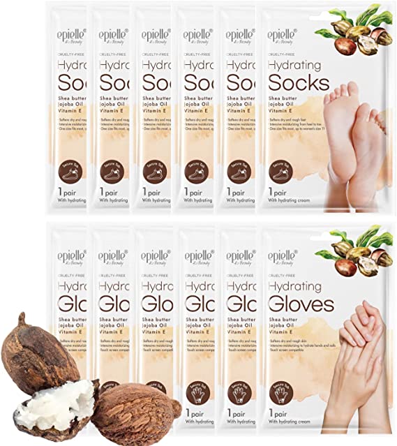 New Epielle Hydrating Hand & Foot Masks (Glove & Socks 12pk) for Dry Hand, Dry & Cracked Heel | Shea Butter   Jojoba Oil   Vitamin E | Skincare Gifts | New Years Skincare. STOCKING STUFFERS!!