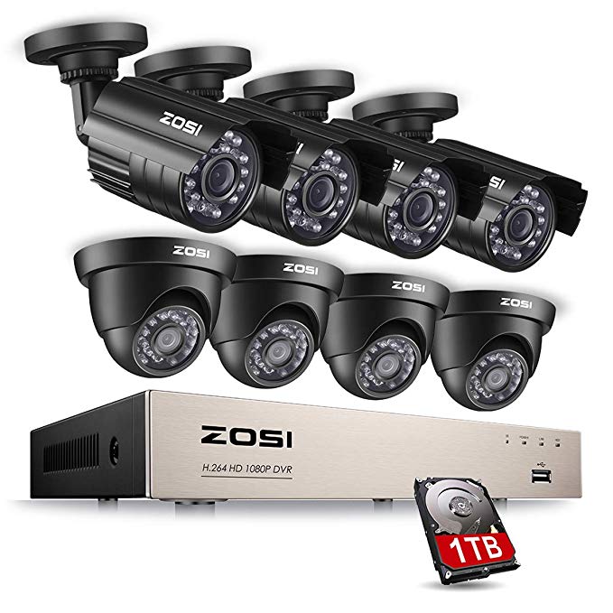 ZOSI 8CH 1080P Security Cameras System Surveillance Dvr with 2.0MP (8) Waterproof Security Cameras & 1TB Hard Drive for Home Office Security Outdoor Indoor & Motion Detection