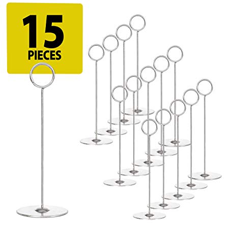 Set of 15 Place Card Holders - 8" Table Number Holder Stand to Hold Photo Numbers Reserved Sign Recipe Note for Wedding Party Restaurant Menu Banquet or Pictures Heavy Base Tabletop Cardholder(Silver)