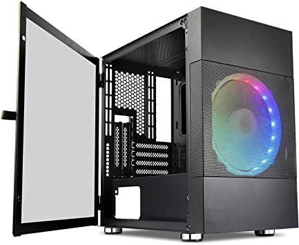 Vetroo M01 Mid-Tower Computer Case, Compact Micro-ATX Mesh Airflow Gaming PC Case with 200mm Rainbow Fan, Tempered Glass Panel, 280mm Water Cooler Support