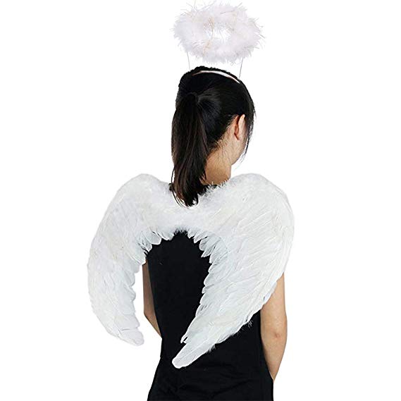 Jackcell Angel Wings and Halo Headband for Kids Costumes Feather Dress up Fancy Cosplay Party for Girls Women Adults (White-Large 23.6" X 13.8")