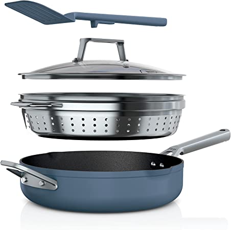 Ninja CW102BL Foodi NeverStick PossiblePan, Premium Set with 4-Quart Capacity Pan, Steamer/Strainer Basket, Glass Lid & Integrated Spatula, Nonstick, Durable & Oven Safe to 500°F, Macaron Blue