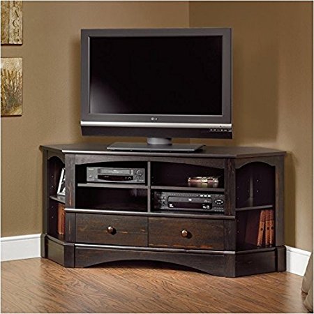 Pemberly Row Corner TV Stand in Antiqued Black