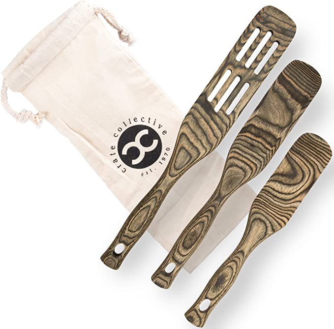 Crate Collective Pakkawood Kitchen Utensil Set - 3 Piece Cookware Set with Slotted Spatula & Spurtle - Non Stick, Eco Friendly, Exotic Cooking Utensils for Kitchen & Gifts