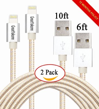 GreatYakonn 1pcs 6FT 1pcs 10FT 8Pin Lightning Cable Popular Nylon Braided Charging Cord USB Cable for iPhone 6s,6s ,6plus,6 iPhone 5,5c,5s,iPad Mini,Mini2.iPad 5,iPod 7(Gold and Silver)