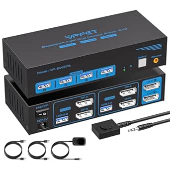 4K@144Hz Displayport KVM Switch 2 Monitors 2 Computers USB3.0 KVM Switch Dual Monitor for 2 Computers Share 2 Monitors and 4 USB Devices Support Extended/Copy Mode with Desktop Controller