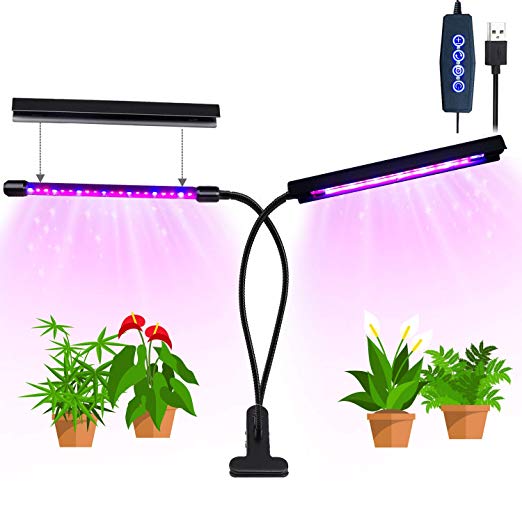 Grow Light, 20W 40 LED Bulbs Auto ON/Off Plant Grow Lamp Dual Head Timing Grow Lights for Indoor Plants Seedlings with Red/Blue Spectrum Adjustable Gooseneck 3/6/12H Timer 5 Dimmable Levels (Black)
