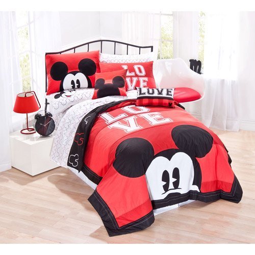 Disney Mickey Classic Luv Full/Queen 80" X 80" 4 Piece Cotton Quilt Set, Black/Red