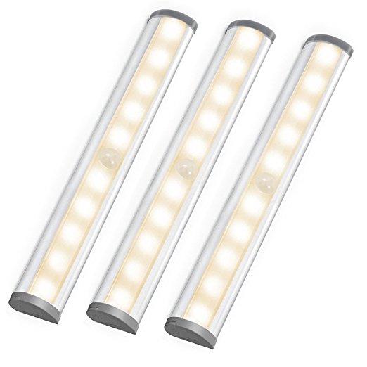 LE LED Closet Light, 10-led Motion Sensing Under Cabinet Lighting, Wireless Stick-on Anywhere Stair Lights, LED Light Bar with Magnetic Strip, Battery Operated Under Counter Lighting, 3000K Warm White, Silver, 3-Pack