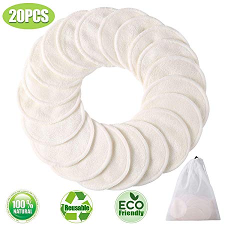 Makeup Remover Pads Reusable 20 Packs-Natural Bamboo Cottons Facial Skin Caring Pads-Face Cleaning Clothes Wipes Machine Washable With Laundry Bag