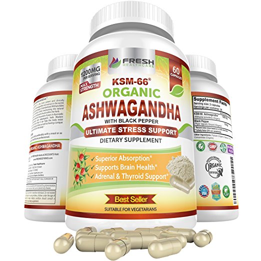 Organic Ashwagandha KSM-66 Most Potent 100% Organic Certified Root Extract 1200mg with Black Pepper for Superior Absorption for Premium Stress Relief, Anxiety & Thyroid Support - Vegan 60 Capsules