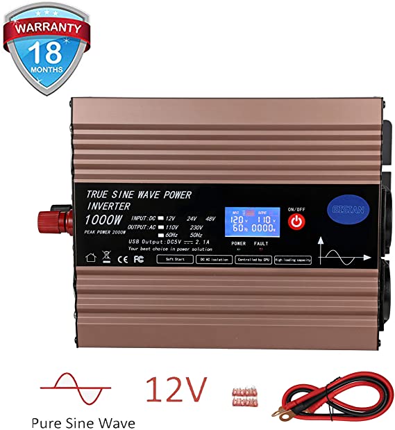 GISIAN 1000W Pure Sine Wave Power Inverter 12V DC to 110V AC with LCD Display, Dual USB Ports and 3 AC Outlets, Perfect for Car/RV Home Solar System