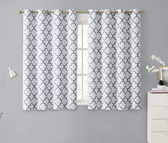 HLC.ME Lattice Print Decorative Blackout Thermal Insulated Privacy Room Darkening Grommet Window Drapes Curtain Panels for Bedroom - Platinum White/Grey - Set of 2-52 x 54 Inch Length