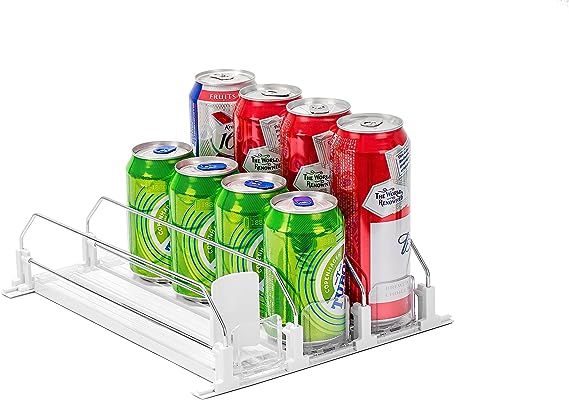 Drink Organizer for Fridge, Self-Pushing Soda Can Organizer for Counter Refrigerator, Width Adjustable Pusher Glide, White, 12”depth-3rows