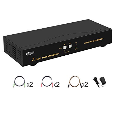 CKLau 2 Port KVM Switch DVI Dual Monitor Extended Display with Audio and Microphone, USB 2.0 Hub