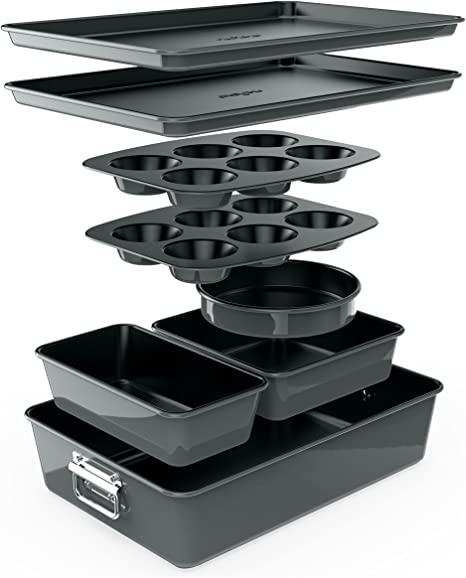 8-Piece Nonstick Stackable Bakeware Set - PFOA, PFOS, PTFE Free Baking Tray Set w/ Non-Stick Coating, 450°F Oven Safe, Round Cake, Loaf, Muffin, Wide/Square Pans, Cookie Sheet (Gray)