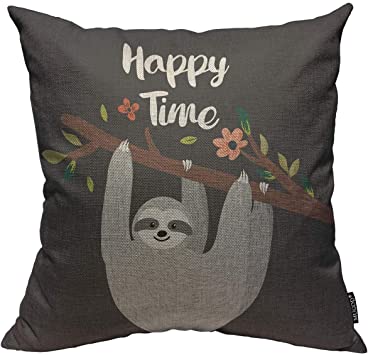 Mugod Grey Sloth Throw Pillow Cover Happy Time Design with Funny Sloth Hanging on The Tree Decorative Square Pillow Case for Home Bedroom Living Room Cushion Cover 18x18 Inch